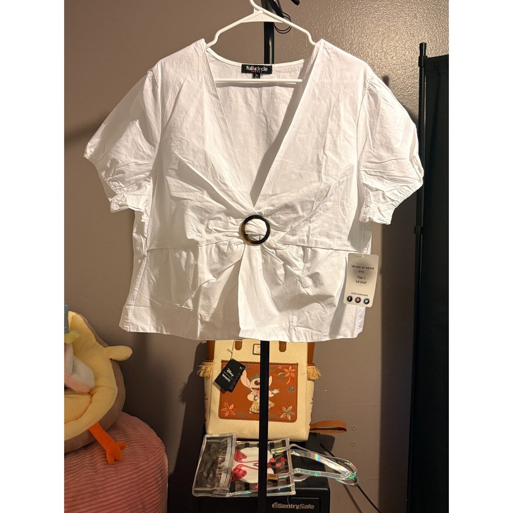 Full Circle Trends White Blouse, Puff Sleeves, Decorative Knot in Front Sz 3X